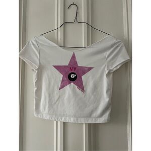 SHEIN cropped white graphic NY  7 ball pink star tee XS